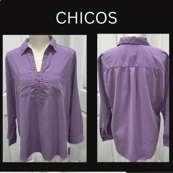 Chicos embellished v neck modal cotton blend blouse shirt with long sleeves - Picture 1 of 8
